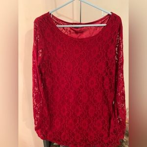 SoTeer Lace Long Sleeve Top Curved Hem Double Layers Blouse Shir…